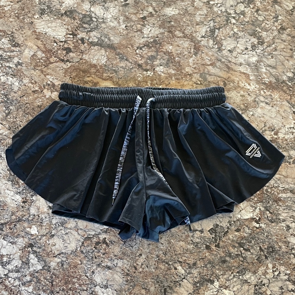 Black Women's Athletic Shorts with Layered Skirt M Drawstring Waist Running